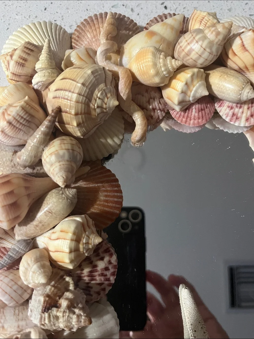 Handmade Coastal Seashell “Charli’ Starfish Wall Mirror - Natural Beige Shells
